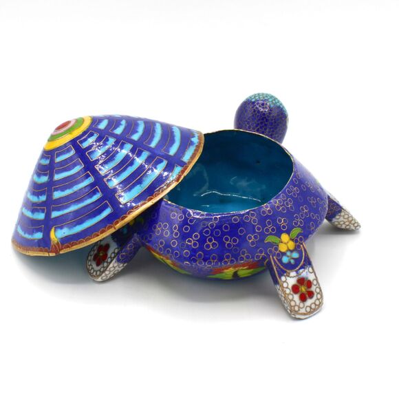 Vintage Cloisonné Turtle Trinket Box Blue Enamel Brass Figurine Lidded Shell - Picture 2 of 8